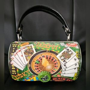 Prezzo Casino Themed Lined Metal Barrel Purse - Jackpot Roulette Poker GUC